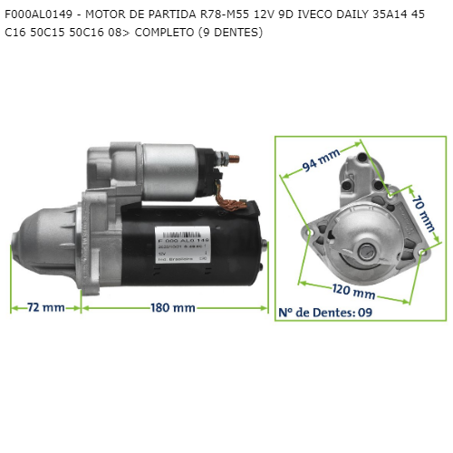 MOTOR DE PARTIDA R78-M55 12V 9D IVECO DAILY 