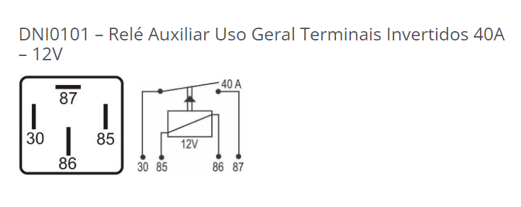 DNI0101 – Relé Auxiliar Uso Geral Terminais Invertidos 40A – 12V