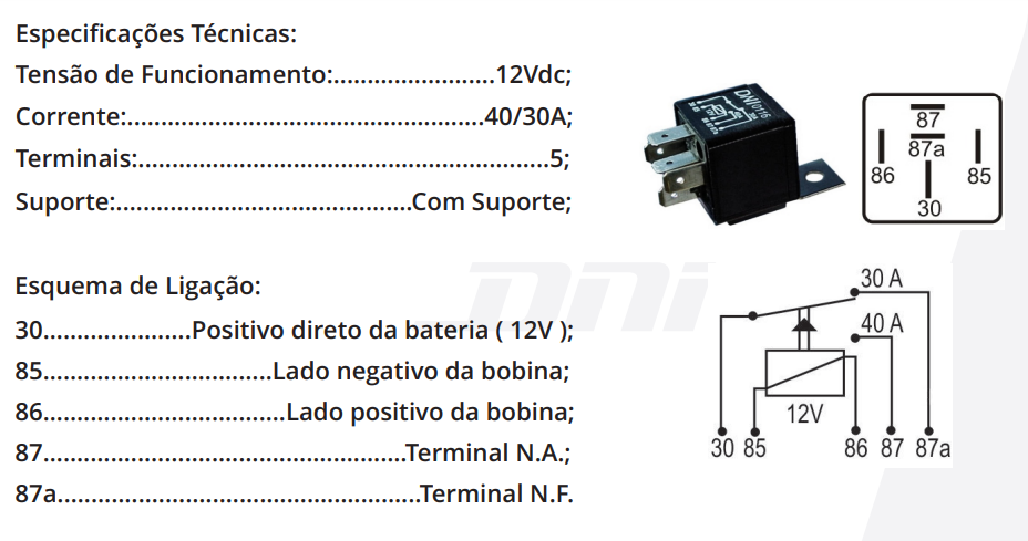 DNI0116 – Relé Auxiliar Reversor Universal 40/30A – 12V