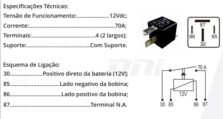 DNI0122 – Relé Auxiliar Universal 70A – 12V – Com Suporte